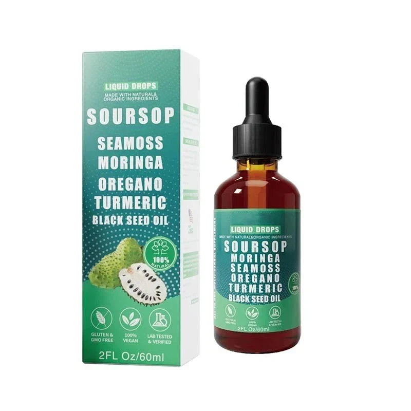 Virella 10-in-1 Soursop Bitters liquid drops with sea moss, moringa, turmeric, and black seed in a clear bottle.