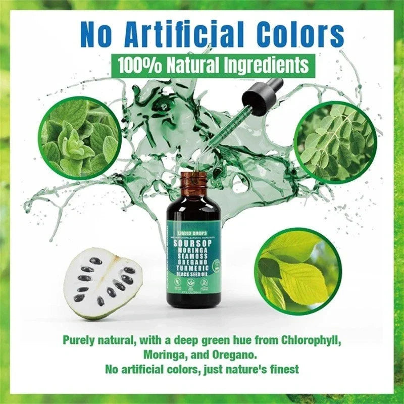 Virella 10-in-1 Soursop Bitters liquid drops with sea moss, moringa, turmeric, and black seed, displayed in a clear bottle.