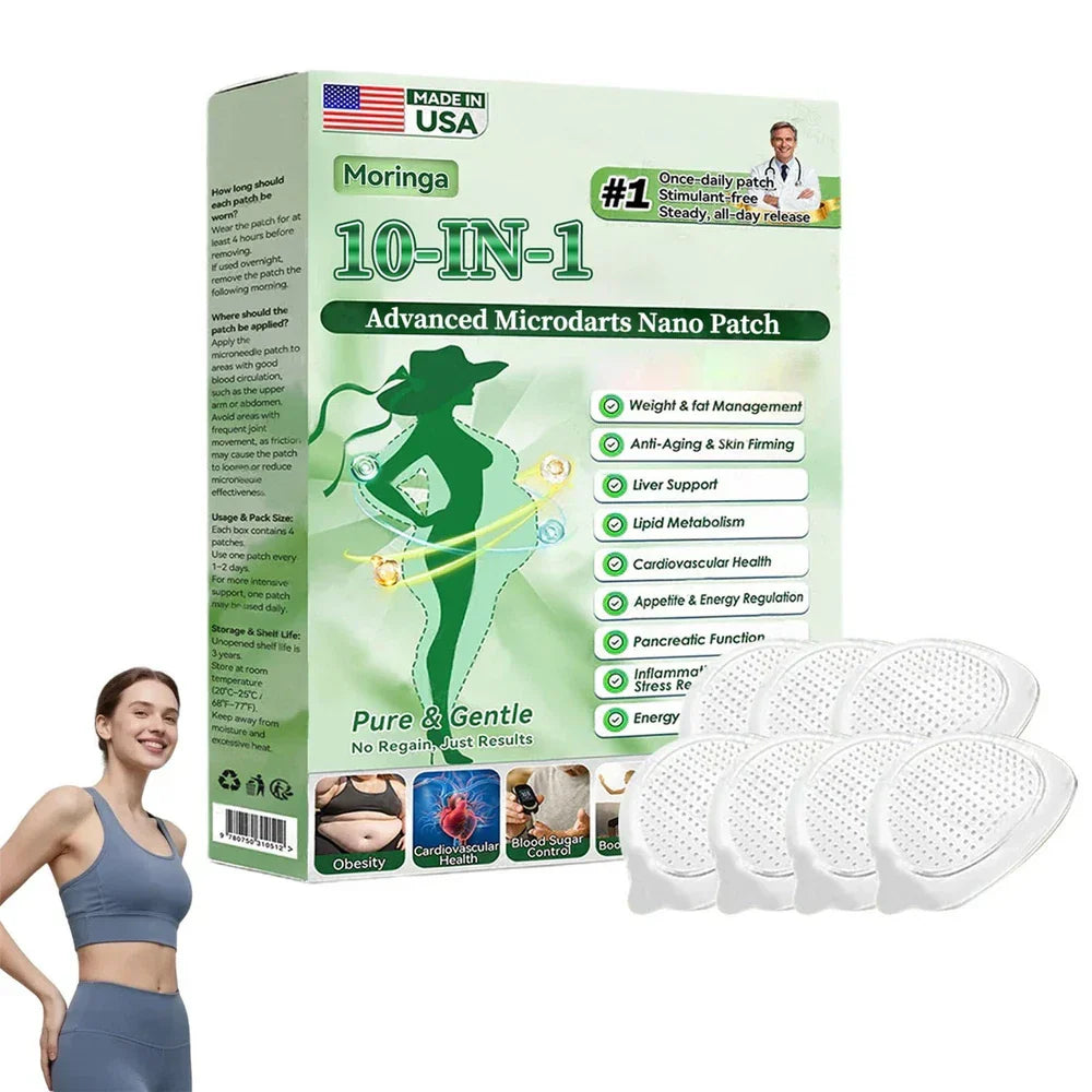 Virella Moringa 10-in-1 Advanced Microdarts Nano Patch for weight loss, featuring micro-needles on a transparent patch.