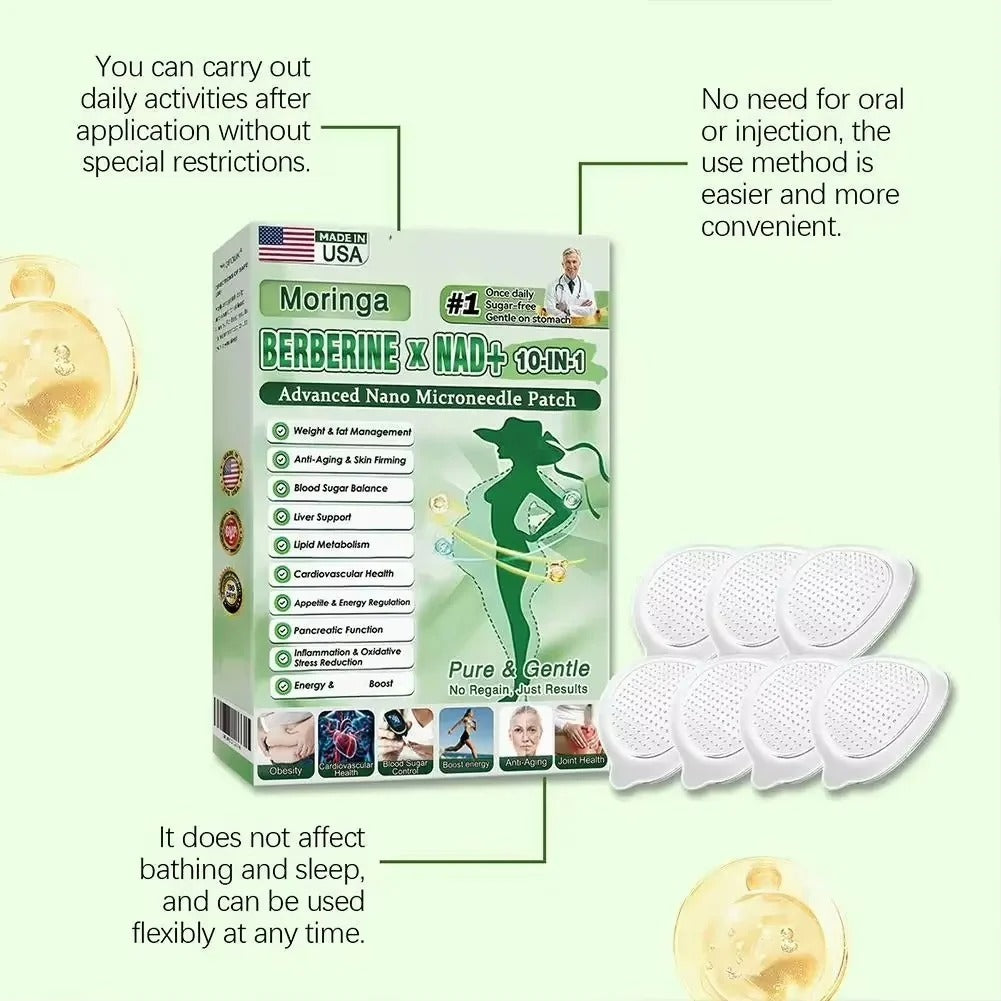 Virella Moringa 10-in-1 Advanced Microdarts Nano Patch for weight loss, featuring microneedles on a transparent patch sheet.