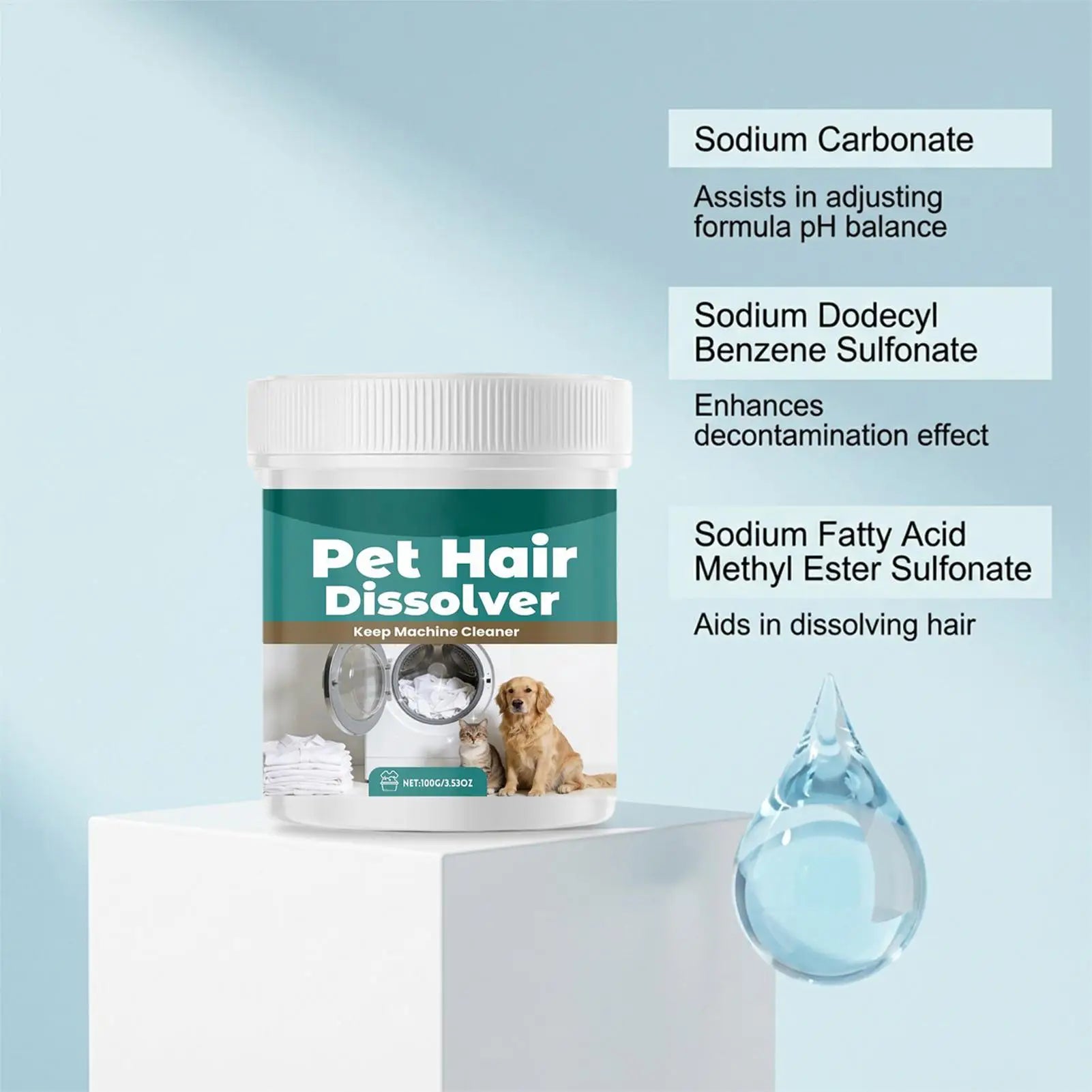 Virella Pet Hair Dissolver for washing machines removes dog and cat hair, odors, and stains from clothes with deep cleaning action.