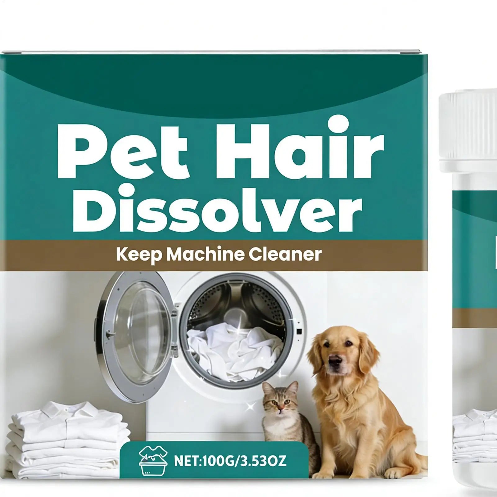 Virella pet hair dissolver in washing machine, removing dog and cat hair from clothes and deodorizing with deep cleaning action.