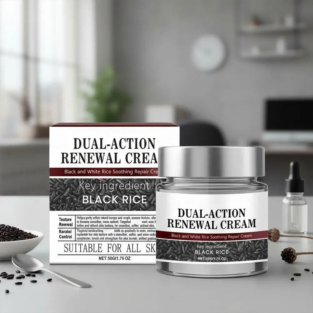 Virella Rice Face Renewal Cream 50g showing the creamy texture and packaging for gentle skin repair and hydration.