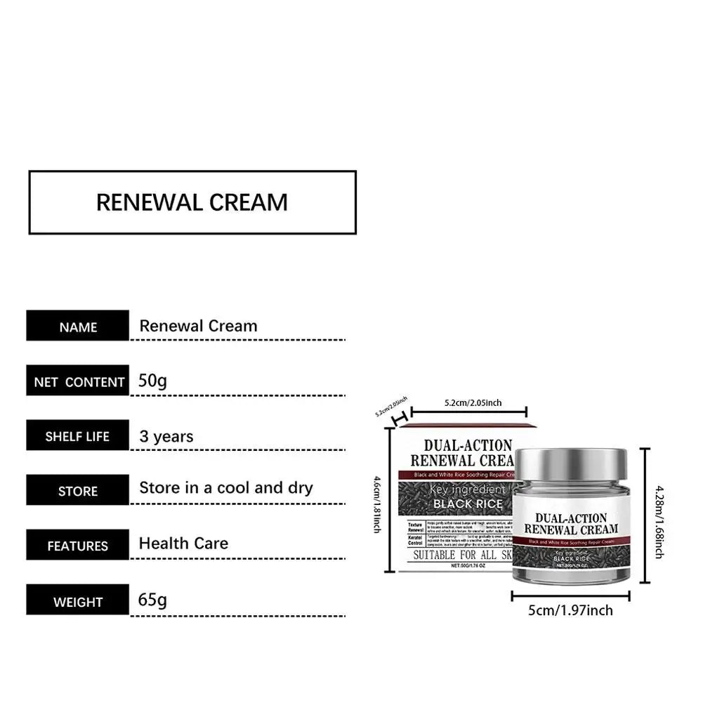 Virella Rice Face Renewal Cream 50g with gentle repair, hydration, and revitalizing skin formula, shown in a sleek jar.