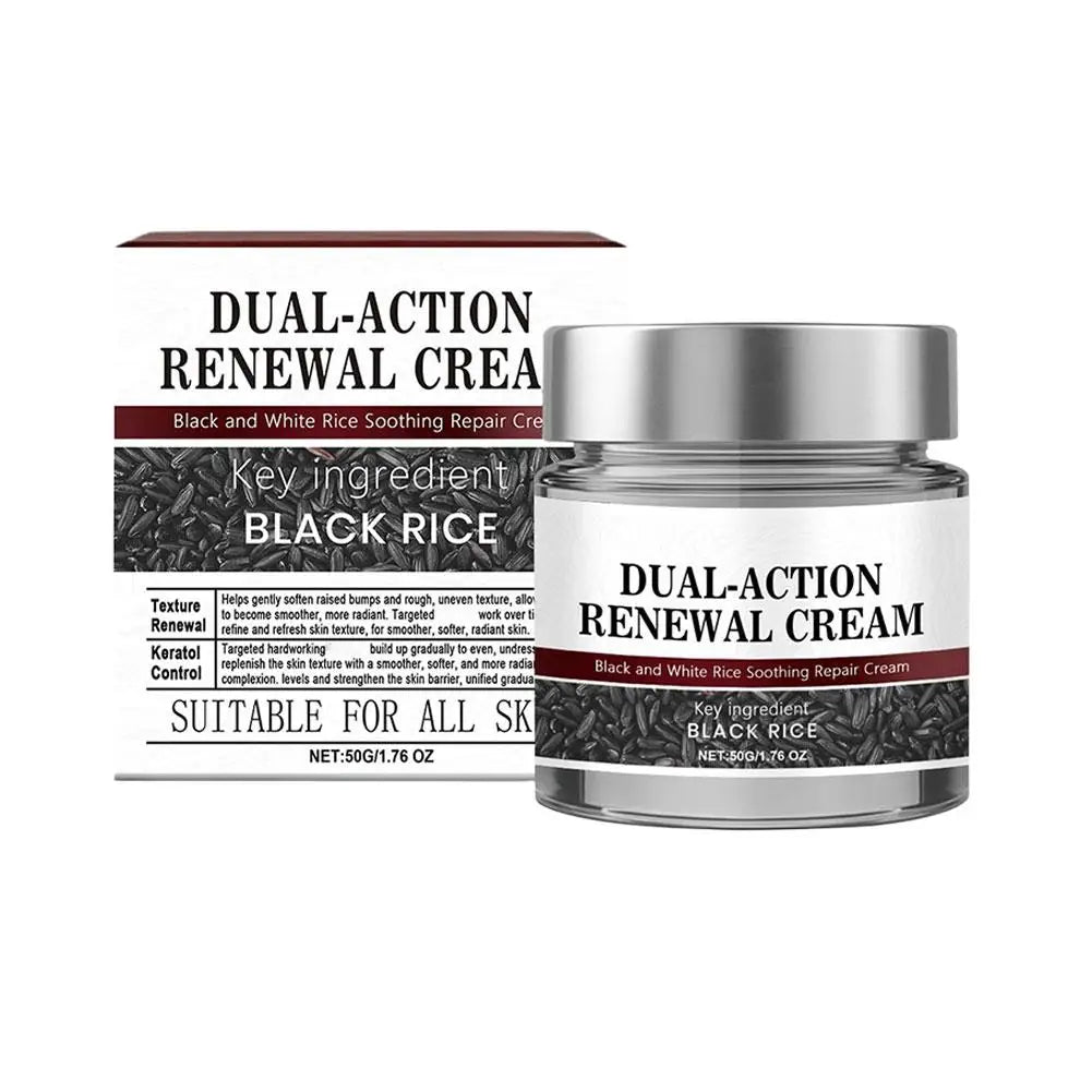Virella Rice Face Renewal Cream 50g jar showing the cream's smooth texture and packaging with rice extract for skin repair and hydration.