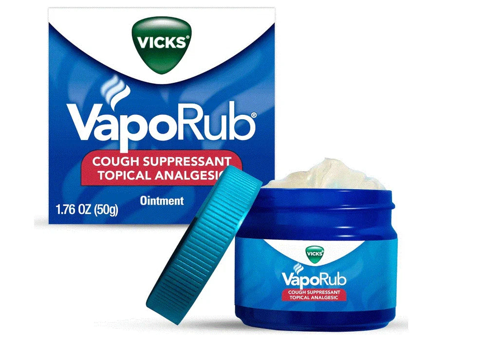 Vicks Vaporub ointment jar with label, 1.76 oz, by Virella, showing the Vicks branding and product packaging.