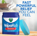 Vicks Vaporub ointment jar by Virella, 1.76 oz, with a white lid and label showing menthol and eucalyptus ingredients.