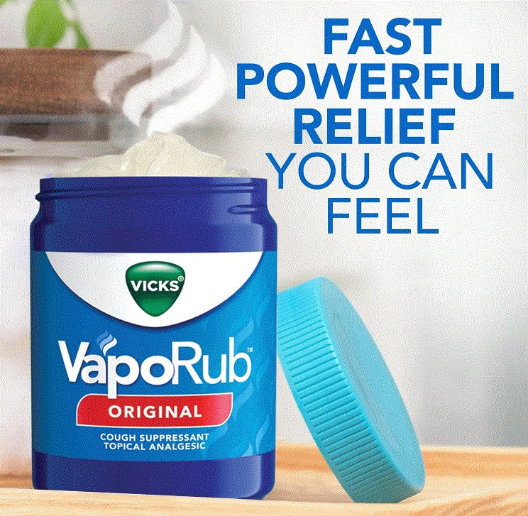 Vicks Vaporub ointment jar by Virella, 1.76 oz, with a white lid and label showing menthol and eucalyptus ingredients.