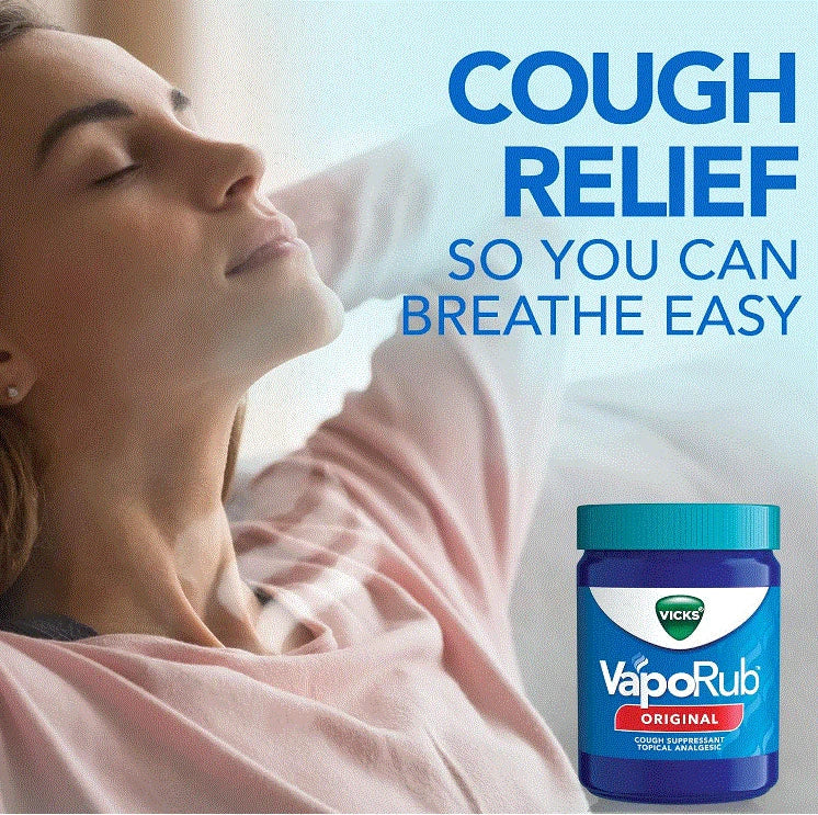 Vicks Vaporub ointment jar by Virella, 1.76 oz, showing the blue lid and product label on the container.