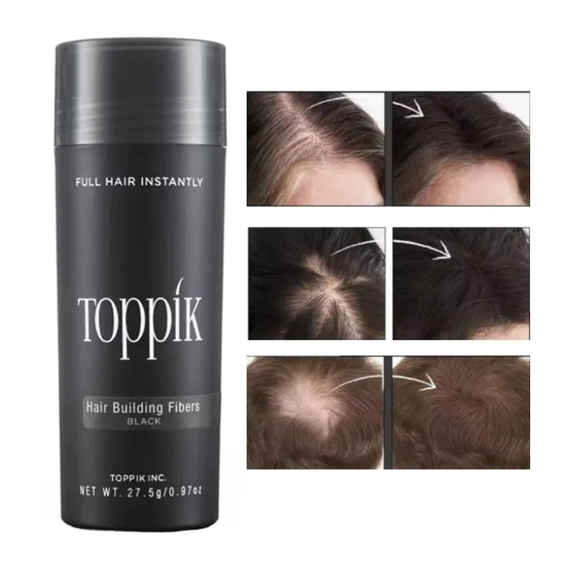 Virella Toppik Hair Building Fibers in black, showing thickened hair strands for instant volume and fuller appearance for men and women