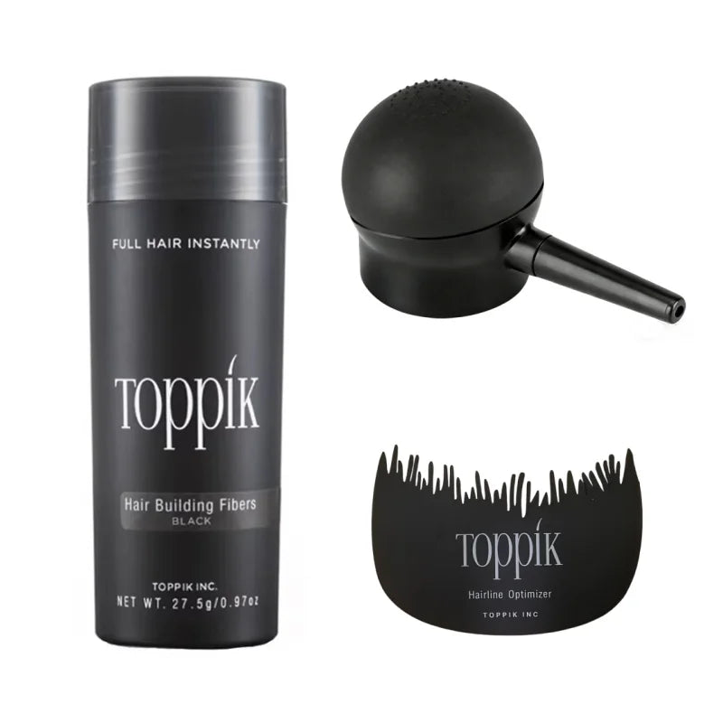 Virella Toppik Hair Building Fibers for men and women, showing thick, fuller-looking hair with natural hair fibers on thinning areas.