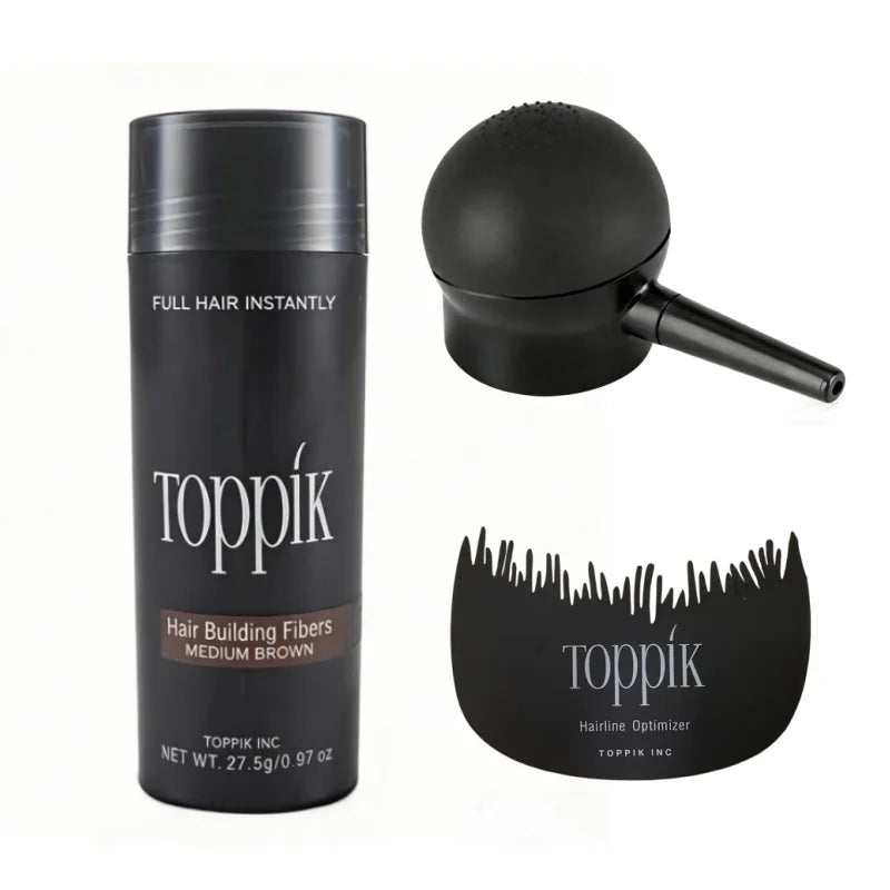 Virella Toppik Hair Building Fibers in black, showing a close-up of fine hair fibers applied to create a fuller, thicker hair appearance.