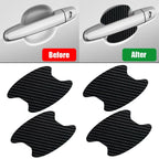 Virella car carbon fiber door handle protector film with four anti-scratch stickers on a vehicle door handle.