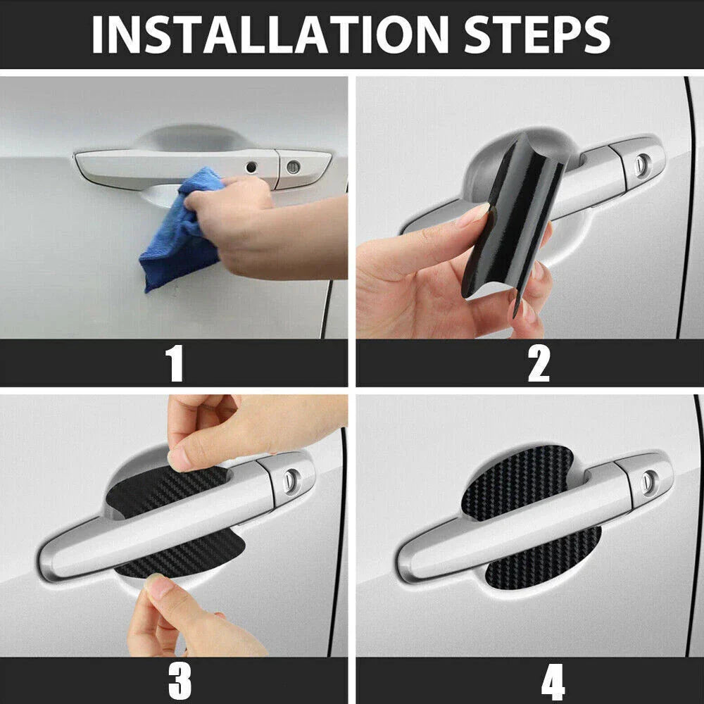Virella car carbon fiber door handle protector film showing four anti-scratch stickers on a vehicle door handle.