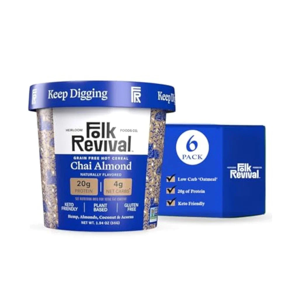 Virella Folk Revival Chai Almond Keto Instant Oatmeal packet with 20g protein and 4g net carbs, featuring chai and almond flavors.