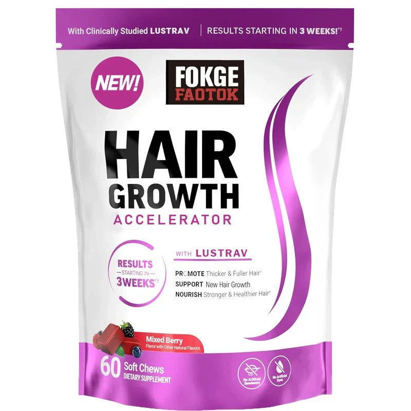 Virella Force Factor Hair Growth Accelerator Soft Chews for women, hair growth vitamins with soft chew tablets in a close-up image