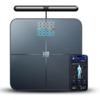 Virella smart body fat scale with 8-electrodes, Bluetooth, WiFi, and rechargeable battery for BMI and health tracking.