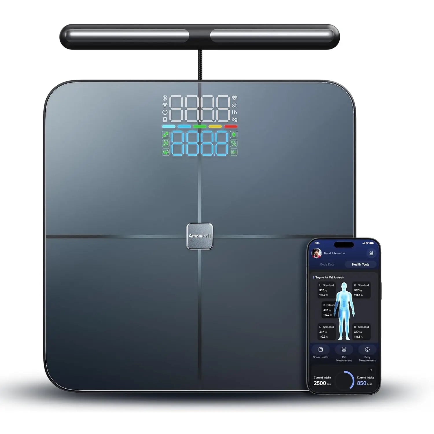 Virella smart body fat scale with 8-electrodes, Bluetooth, WiFi, and rechargeable battery for BMI and health tracking.