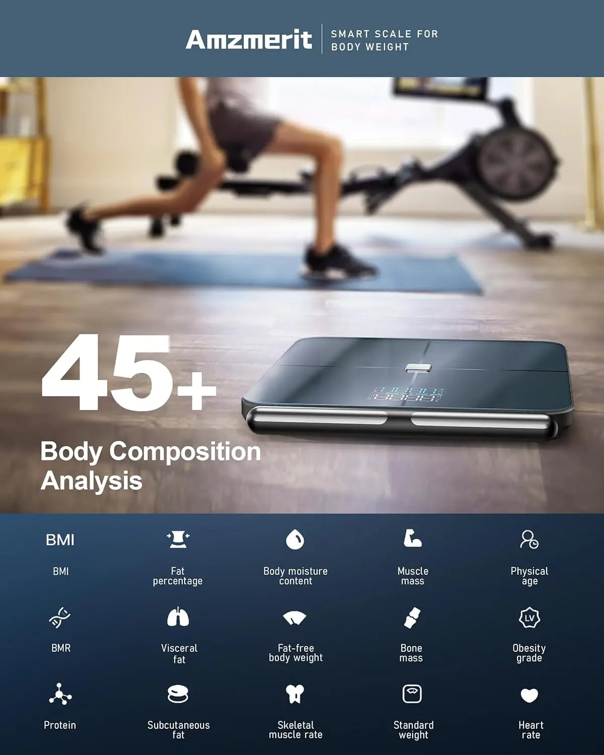 Virella smart body fat scale with 8-electrodes, Bluetooth, WiFi, rechargeable battery, displays BMI and health metrics.