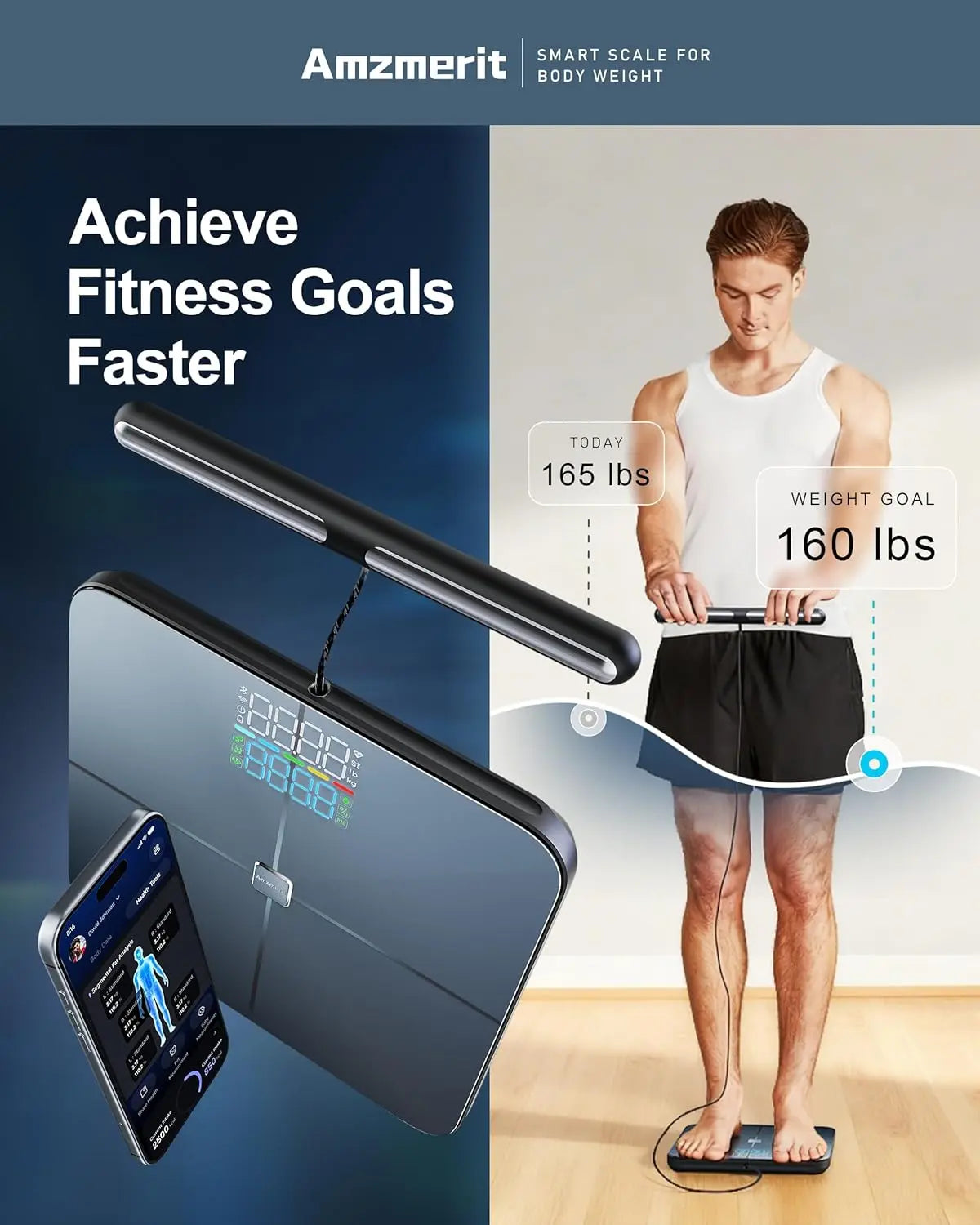 Virella smart body fat scale with 8-electrodes, Bluetooth/WiFi connectivity, rechargeable design for accurate BMI and health tracking