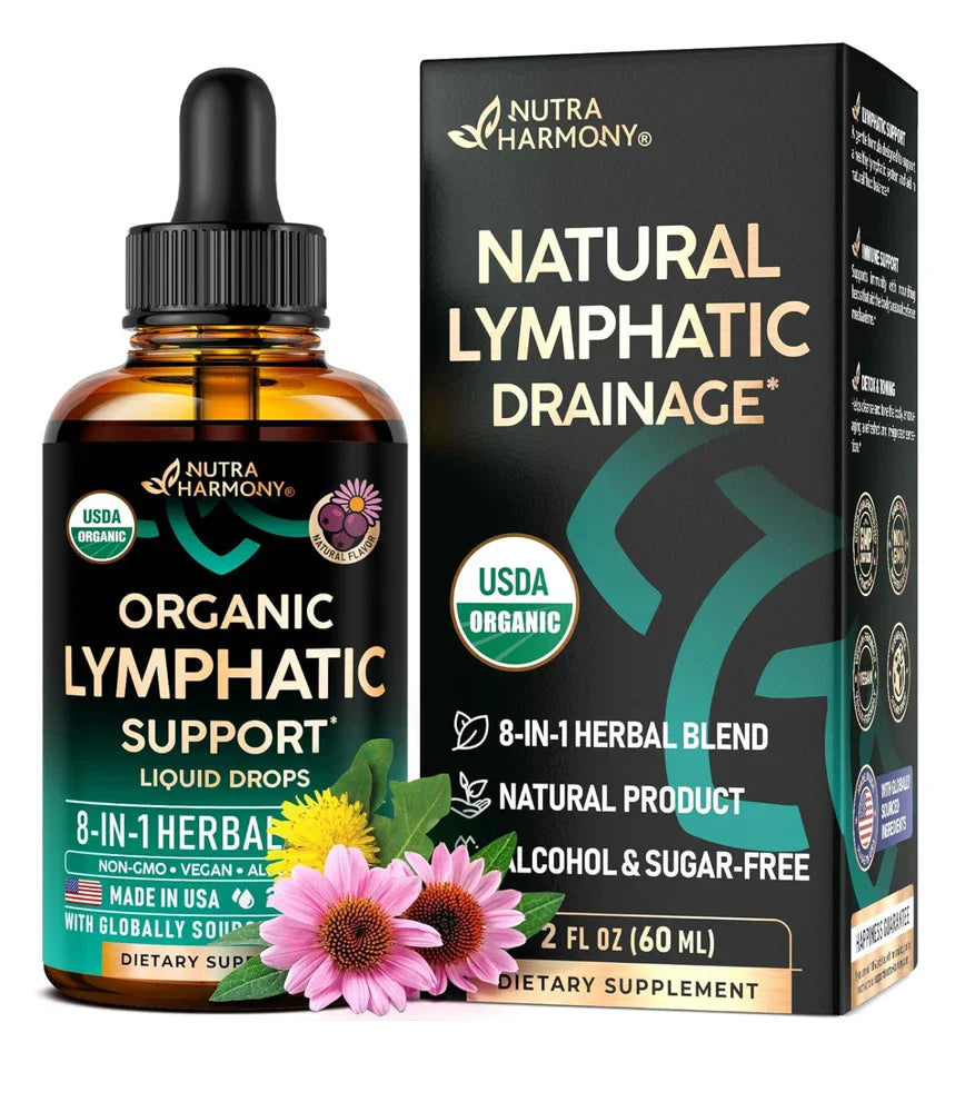 Virella USDA Organic lymphatic drainage supplement with echinacea, elderberry, and dandelion in a glass jar.