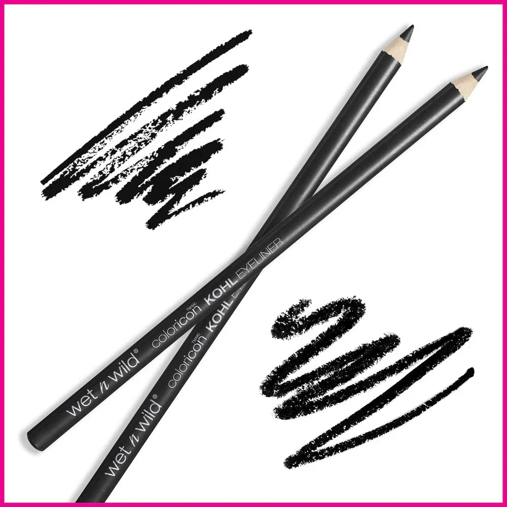 Virella Wet n Wild Color Icon Kohl Eyeliner in Baby's Got Black, black pencil with sharpened tip and product packaging.
