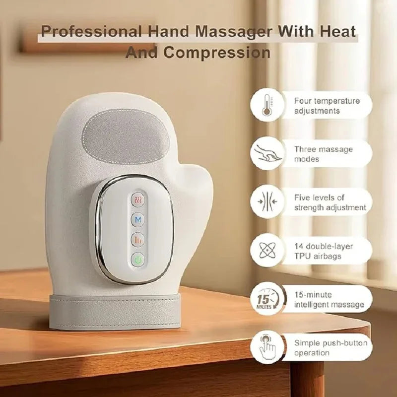 Virella cordless hand massager with airbag compression, finger and wrist relief, shown on a user's hand for carpal tunnel therapy.