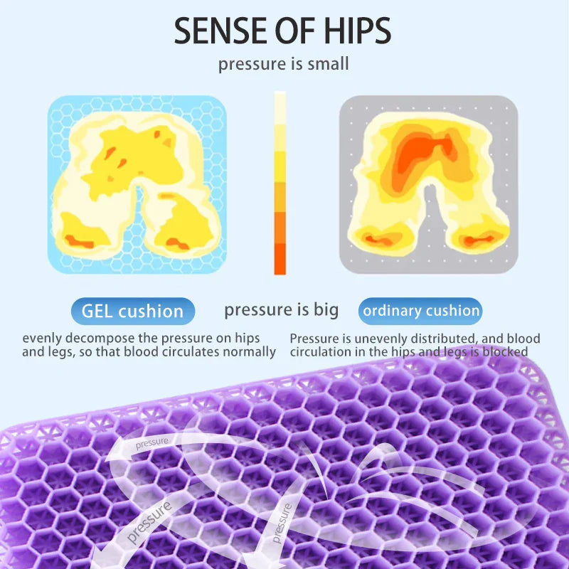 Virella gel seat cushion with breathable honeycomb design for pressure relief, back and tailbone pain support in home, office, or car seats.