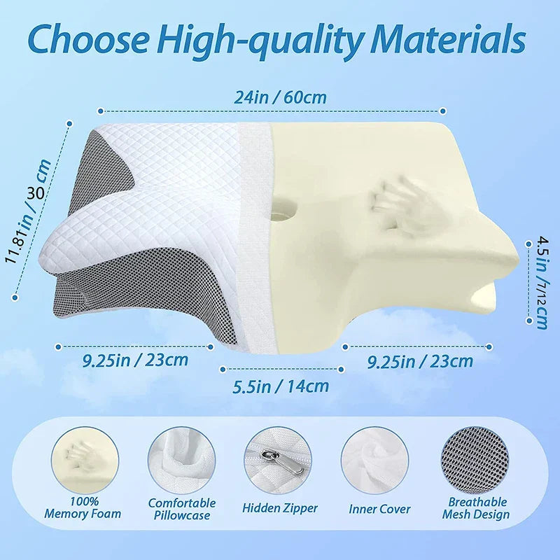 Virella memory foam cervical pillow with ergonomic contour design for neck support and pain relief, shown in side view.
